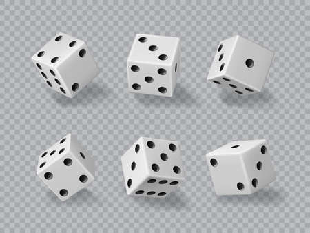 Dice, casino game cubes, 3D die white and black isolated realistic vector. Dice or craps for poker gambling and lucky chance and backgammon game, dice in random rolling throwのイラスト素材