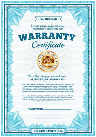 Warranty certificate, guarantee diploma border frame, vector template with gold badge stamp. Premium quality warranty certificate or top level product guarantee diploma with golden star label stampのイラスト素材