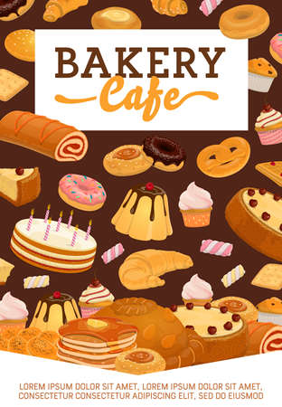 Bakery shop, cafe pastry and desserts poster. Cake and pudding, donuts, croissant and cupcake, pancakes with honey, pretzel and challah, marshmallow and muffin cartoon vector. Pastry shop bannerのイラスト素材