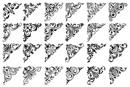 Floral corners with victorian flourishes, vector calligraphy elements design. Black corners or frame borders with flower ornaments, leaf scrolls and vine swirls, wedding invitation and certificateのイラスト素材