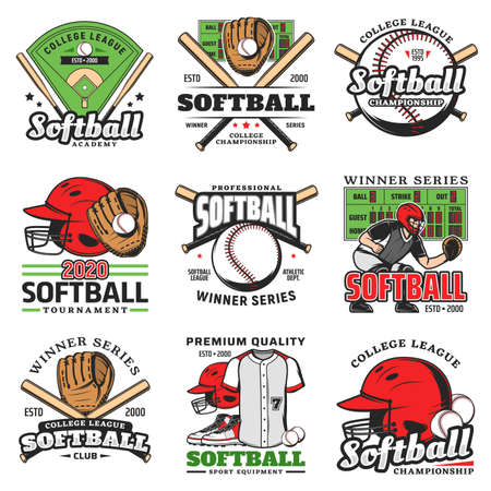 Softball tournament, sport game vector icons. Balls, bats and stadium