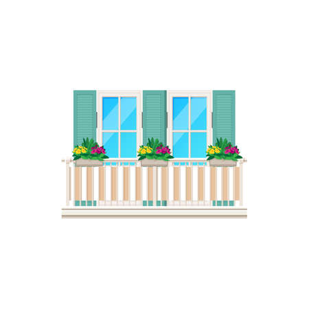 Balcony with window and fence railing, building architecture and house facade, vector. Balcony banister with flowers or apartments porch terrace with food and glass window shutter blindsのイラスト素材