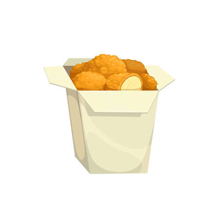 Chicken nuggets, fast food menu snacks in box, vector isolated icon. Fastfood restaurant or bistro cafe food, fried chicken nuggets in paper box, fast food court menu meals symbolのイラスト素材