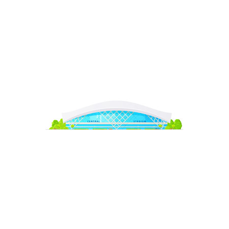 Central stadium sport arena isolated modern building with green trees. Vector athletic tracks, soccer, football, basketball and baseball building construction, city architecture with glass facadesのイラスト素材