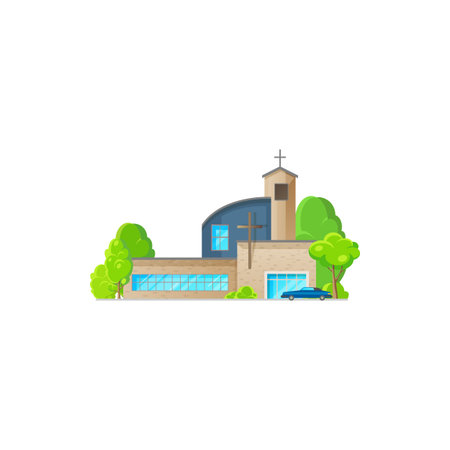 Catholic church building vector icon. Cathedral with parked car, chapel and monastery facade. Modern church design, christian evangelic religious architecture exterior isolated cartoon symbolのイラスト素材