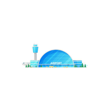 Glass terminal airport building and traffic control tower isolated facade exterior. Vector airplanes company construction, plane jet at airfield, skyline, parking zone. Passenger and cargo aircraftのイラスト素材