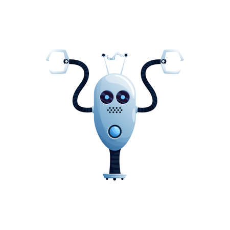 Plastic hi-tech character isolated digital robot with hands loaders, antenna on head. Vector humanoid loads helper, modern stylish robotic cyborg. Android robot mechanical sci fi futuristic kids toyのイラスト素材