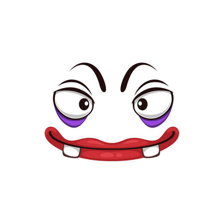 Monster face cartoon vector icon, funny Halloween emotion with creepy slanting eyes and toothy mouth with red lips. Ghost, alien or hell creature emoji isolated on white backgroundのイラスト素材