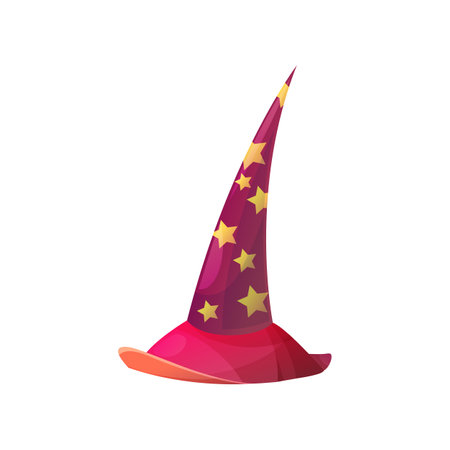 Cartoon astrologer or witch hat vector icon. Halloween costume, wizard cap, red magician headwear with yellow stars and hatband isolated on white backgroundのイラスト素材