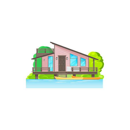 Summer house on stilts isolated building in water. Vector wooden home on sea or ocean with canoe boats, r modern building on beach, villa seashore bungalow. Mansion hut on seaside, cartoon designのイラスト素材