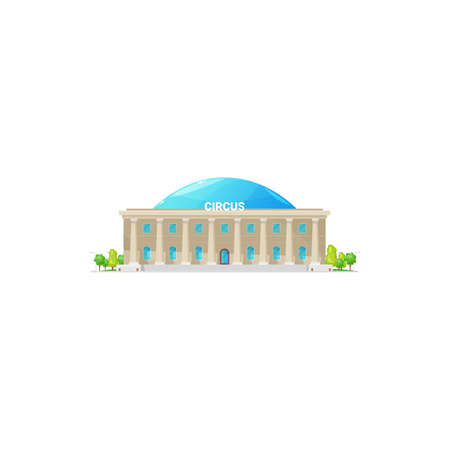 Big top circus building entertainment house with huge columns isolated. Vector carnival festival construction, facade exterior of funfair arena, cirque with entrance door and windows, pillarsのイラスト素材
