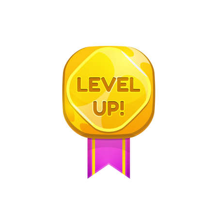 Golden medal award for level up isolated ui game prize, pink ribbon isolated flat cartoon icon. Vector mobile application bonus, gold prize, reward sticker for achievement. Award, level complete signのイラスト素材