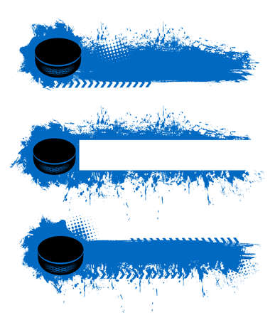 Ice hockey championship blank banners templates with rubber puck, blue paint or ink splatters, stains and smudges strokes, half tone vector texture. Ice hokey league game, team cup match iconsのイラスト素材
