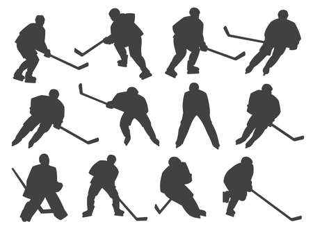 Ice hockey players, goalie and referee silhouettes set. Ice hockey player skating with stick, team forward controlling and hitting puck, goaltender in protective outfit and referee isolated vectorsのイラスト素材