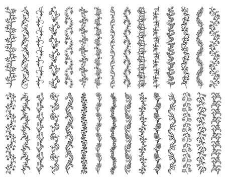 Floral dividers, line borders and frame lines. Vector calligraphy elements set with ornaments of flower and leaf garlands, floral vines with blooming branches, swirls and flourishes, page decorationのイラスト素材