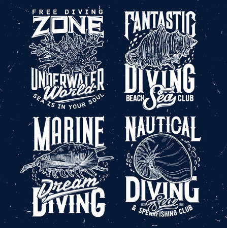 Tshirt print with sketch sea shells and corals for apparel design. vector labels with conch and typography. Engraved t shirt prints or emblem for marine diving club or nautical sport team isolated setのイラスト素材