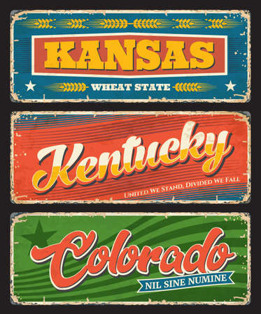 Kansas, Kentucky and Colorado plates, USA states tin signs. America region vector grunge plates, old signs with retro typography, territory mottos and flags. United States travel destination platesのイラスト素材