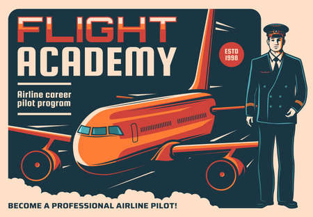 Pilot and airplane retro poster of vector aircraft staff, aviation, air travel and flight academy. Captain of passenger airline plane in blue uniform and cap with airplane on backgroundのイラスト素材