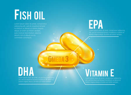 Fish oil pills content vector infographics with omega -3 fatty acids of DHA and EPA and vitamin E supplement yellow gel capsules with text template and sparkles. Medicine, health care, pharmacy designのイラスト素材
