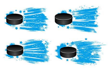 Ice hockey pucks on ice, banner or hokey club flag, vector blue badges. Ice hockey match and league team sport championship cup emblems with puck on blue halftone background with starsのイラスト素材