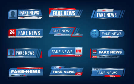 Fake news bars and TV screen lower vector banners. World news titles and headlines of live TV, broadcast video, television or streaming channels, media and television technologiesのイラスト素材
