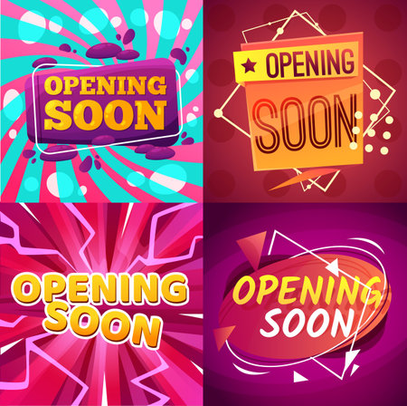 Opening soon cartoon banners vector promotion and announcement design. Comic bubbles on bright background with lightning bolts, geometric shapes and spots, grand opening soon event invitation flyerのイラスト素材