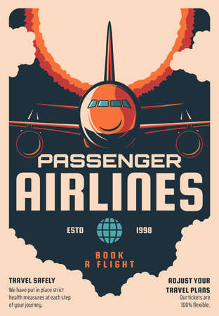Passenger airlines flights booking service retro poster. Modern airliner, jet airplane flying in sky clouds front view engraved vector. International flights tickets offer promo vintage bannerのイラスト素材