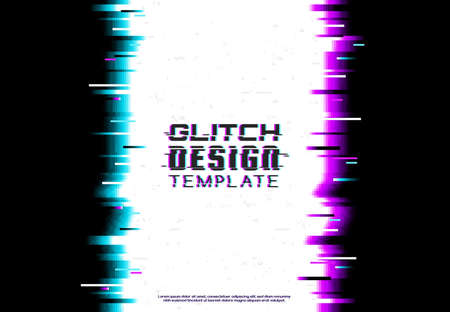 Screen glitch template, broken monitor or TV signal fail vector background. Digital pixels noise blue and violet lines, distorted typography, Broken monitor critical error, computer bug effectのイラスト素材