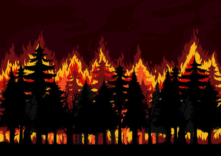 Forest fire background, burning spruce, pine trees vector silhouettes. Natural disaster, ecological catastrophe and environment pollution, climate changes and global warming problem backdropのイラスト素材