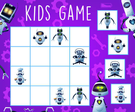 Sudoku maze kids game with robots and droids, tabletop logic puzzle, vector. Sudoku game for children with cartoon futuristic robots, androids and cosmic alien characters, kids activity leisure gameのイラスト素材