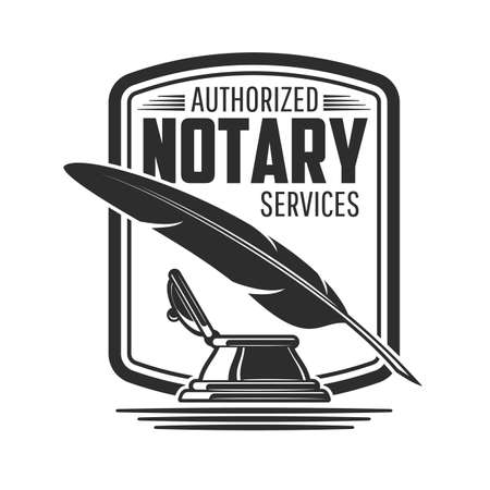 Notary or legal service icon with isolated vector vintage feather pen or quill and inkwell. Lawyer or advocate office, advocacy, notary, law and rights attorney company emblems designのイラスト素材