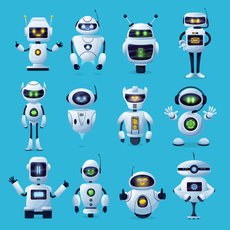 Robot cartoon characters with vector ai or artificial intelligence robotic machines. Modern white...