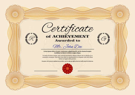 Achievements certificate or diploma vector template, award for professional or business achievements, graduation or qualification certify document with security geometric lathe and wax sealのイラスト素材