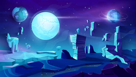 Alien planet landscape, space night vector background with flying rocks, planets in starry sky. Extraterrestrial fantasy view with glowing sparkles, cracked land surface and cartoon cosmic mountainsのイラスト素材