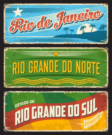 Brazil sign of Rio De Janeiro, metal grunge plates of Brazilian districts and states, vector. Rio Grande do Norte and Sul, Brasil estados metal rusty plates with city taglines, flags and landmarksのイラスト素材