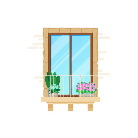 Balcony and house window, building classic flat facade, vector architecture. Apartments balcony with door, banister on brick wall and flowers, villa glass terrace or patio verandaのイラスト素材