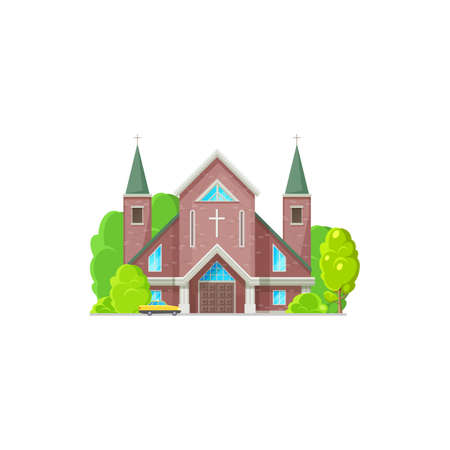 Catholic church building vector icon. Medieval cathedral architecture, chapel or monastery facade with parked taxi car. Church design, christian evangelic religious exterior isolated cartoon symbolのイラスト素材