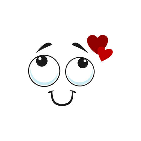 Cartoon dreaming face with red hearts over head and smiling mouth, vector love emoji. Funny facial expression, positive feelings, cute loving character isolated on white backgroundのイラスト素材