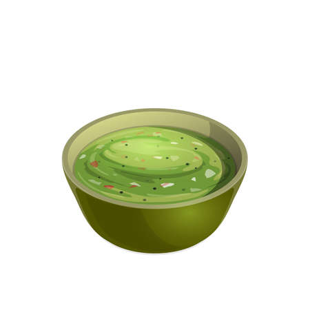 Avocado guacamole sauce isolated salsa in bowl realistic mexican food icon. Vector traditional spanish sauce, bowl with japanese wasabi, spicy food. Smashed avocado with chilli pepperのイラスト素材