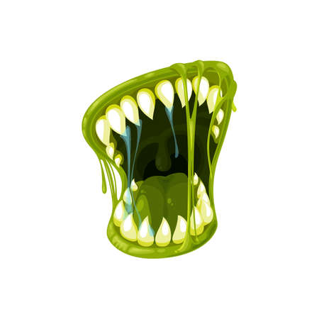 Monster mouth vector icon, creepy zombie or alien jaws with sharp, green tongue, lips and dripping gooey saliva or goo. Halloween creature roaring mouth isolated on white backgroundのイラスト素材