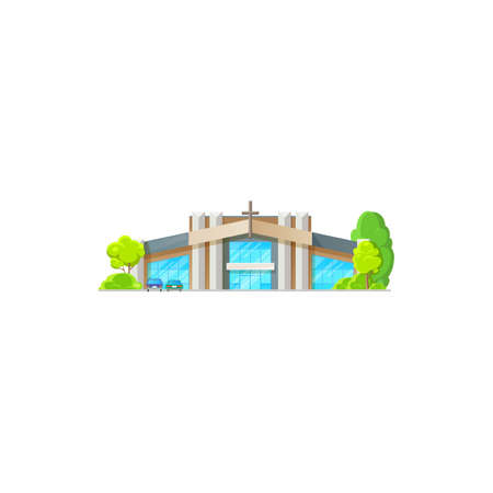 Catholic community building isolated church with glass hall, modern architecture house with cross. Vector facade exterior of contemporary chapel, wedding and funerary ceremonies religious buildingのイラスト素材