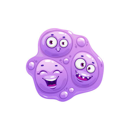 Cartoon virus cell vector icon, cute triple bacteria with happy faces, funny germ character, mascot. Smiling violet pathogen microbe emoticon, isolated micro organism symbolのイラスト素材
