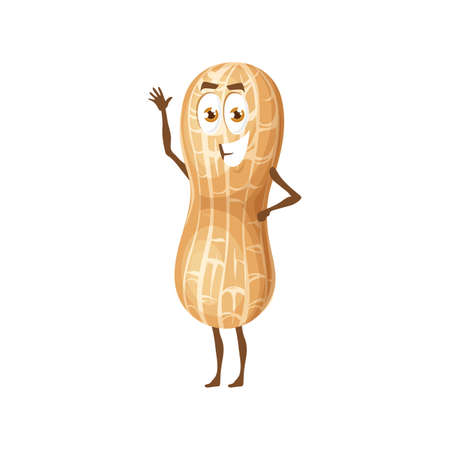 Peanut emoji emoticon isolated groundnut comic flat cartoon character Vector monkey nut or goober, peanut oil, butter and flour ingredient, vegetarian food superfood smiling hero waving handのイラスト素材