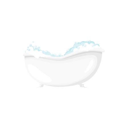Soapy bubbles in bathtub bathroom object isolated cartoon icon. Vector bath-tub with froth and soap, bath or toilet room equipment. Health hygiene, sanitary object, spa and baby shower element signのイラスト素材