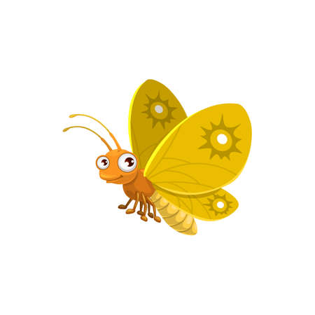Cartoon butterfly vector icon, beautiful flying insect with yellow wings, cute face and big eyes. funny mascot, design element. Wild creature isolated on white backgroundのイラスト素材