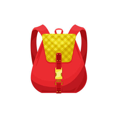 Kids schoolbag isolated vector icon, red cartoon school bag with checked print and gold clasp. Student rucksack, baby backpack or knapsack on white backgroundのイラスト素材