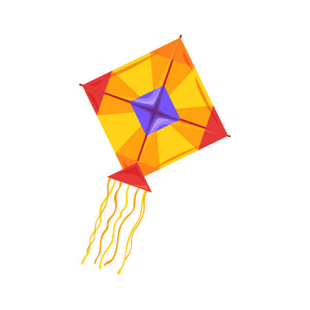 Kite flying of square shape in sky isolated outdoor activities object. Vector kiteboarding kitesurfing hobby sport, kite in yellow and red color, Makar Sankranti festival, Indian holiday symbolのイラスト素材