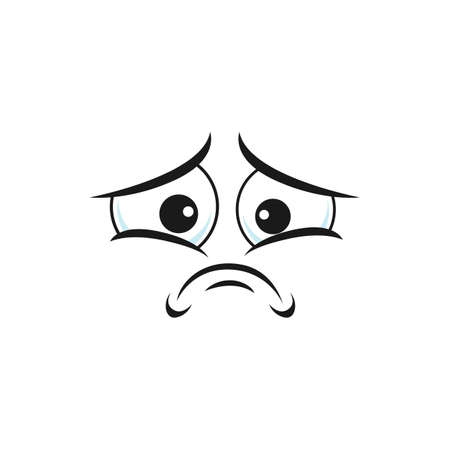 Emoticon with facial expression of sadness, mourning and grief isolated icon. Vector depressed sad upset emoji character. Bored smiley with depressed big eyes, unhappy offended sorrow expressionのイラスト素材