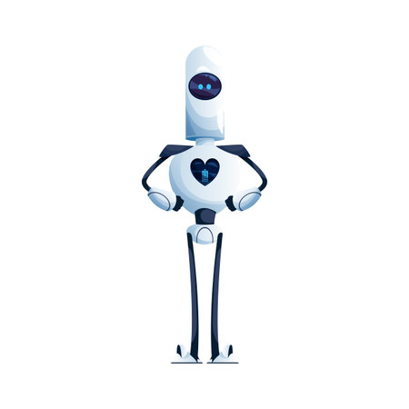 Robot with hands and long legs, heart on display isolated cartoon character with flexible arms. Vector futuristic electronic humanoid. Artificial intelligence character robot standing on suction cupsのイラスト素材