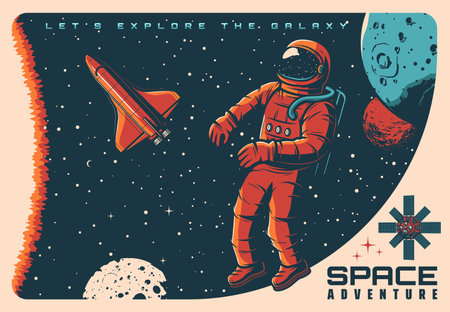 Space adventure, spaceship astronaut and planets in galaxy sky, vector retro poster. Space...